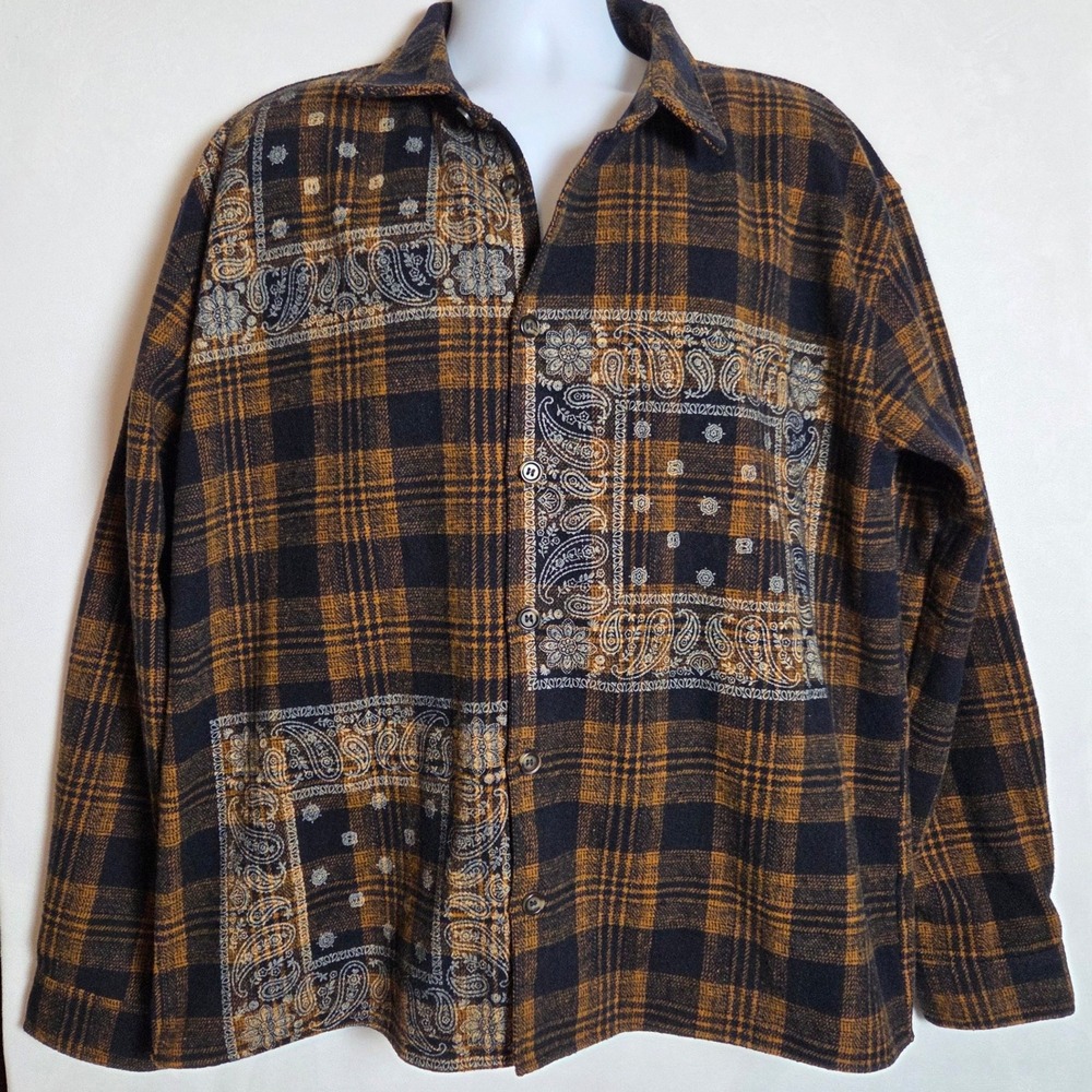 Forever 21 Brown Navy Plaid Heavy Wool Blend Shacket Men L Bandana Print Grunge